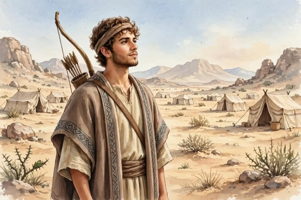 Ismael joven adulto como arquero habitando en el desierto de Parán, donde Dios estuvo con él mientras crecía