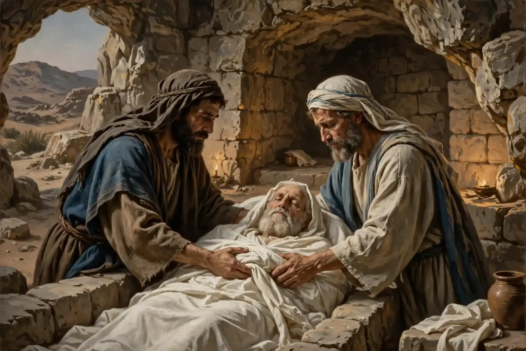Ismael e Isaac juntos sepultando a su padre Abraham en la cueva de Macpela, escena solemne de reconciliación familiar