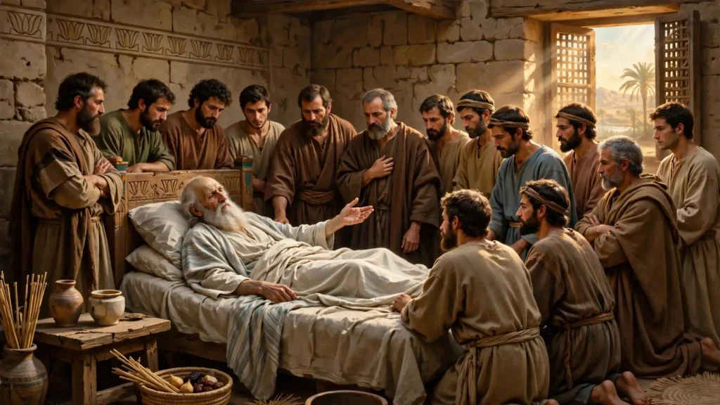 Jacob anciano en su lecho en Egipto reuniendo a sus doce hijos a su alrededor antes de morir, escena solemne de Génesis 49:1