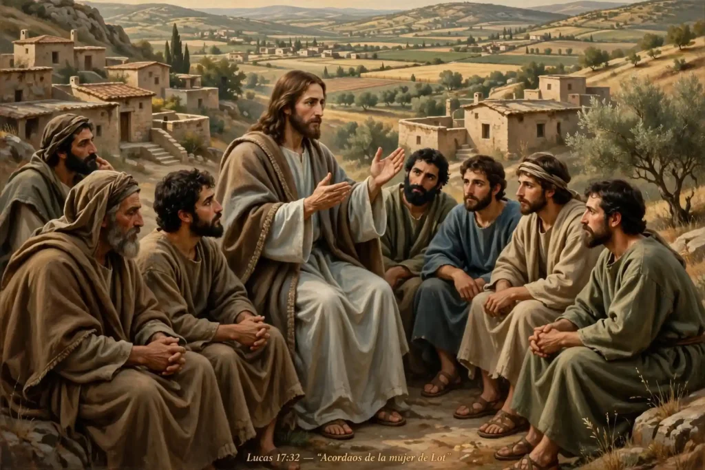 Jesús enseñando a sus discípulos en una colina y recordando la historia de la esposa de Lot como advertencia sobre no aferrarse a lo que debe dejarse atrás