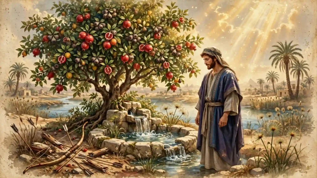 Rama fructífera junto a una fuente de agua, árbol cargado de frutos con arco roto en el suelo, simbolizando la fecundidad de José y cómo Dios fortaleció sus brazos