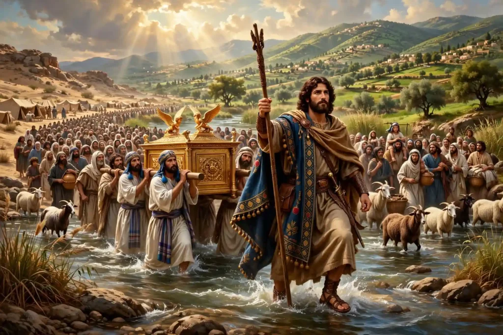 Josué liderando la entrada de Israel a la tierra de Canaán cruzando el río Jordán con el Arca del Pacto al frente después de 40 años en el desierto