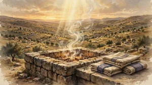 Altar de piedra con incienso elevándose y vestiduras sacerdotales, representando el futuro servicio religioso de Leví y su dispersión entre las tribus