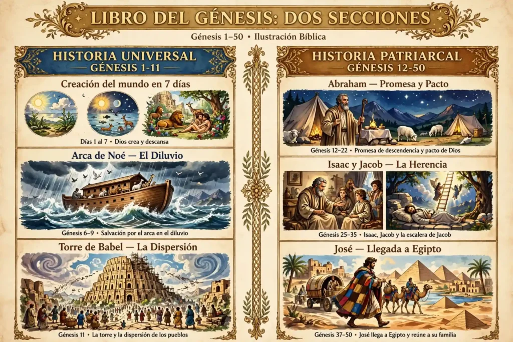 Libro de Génesis dividido en dos secciones: historia universal con creación y diluvio e historia patriarcal con Abraham Isaac Jacob y José