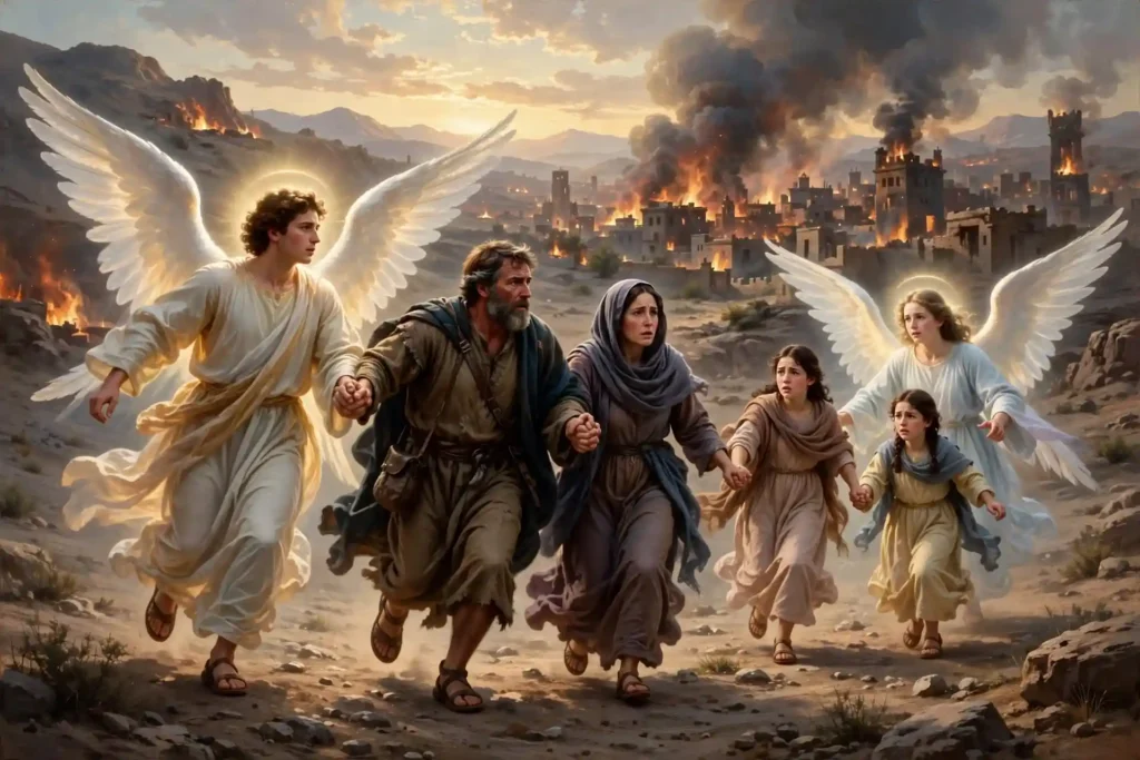 La familia de Lot huyendo de Sodoma al amanecer, guiados de la mano por dos ángeles, antes de la destrucción de la ciudad