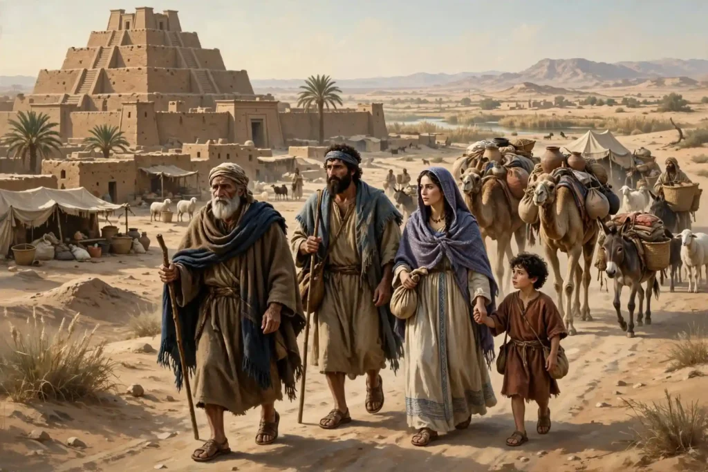 Taré saliendo de Ur de los caldeos con Abram, Sarai y su nieto Lot hijo de Harán hacia la tierra de Canaán, Génesis 11:27-31