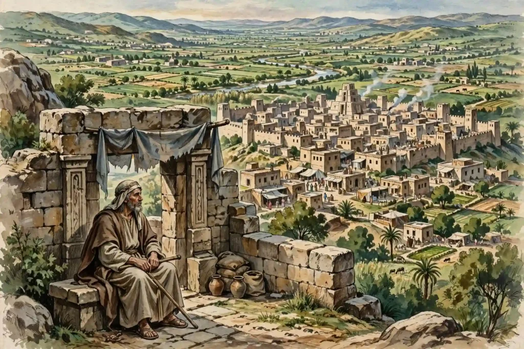 Lot sentado a la puerta de Sodoma, ciudad próspera en la llanura fértil, mostrando que ya habitaba dentro de la ciudad, Génesis 19:1