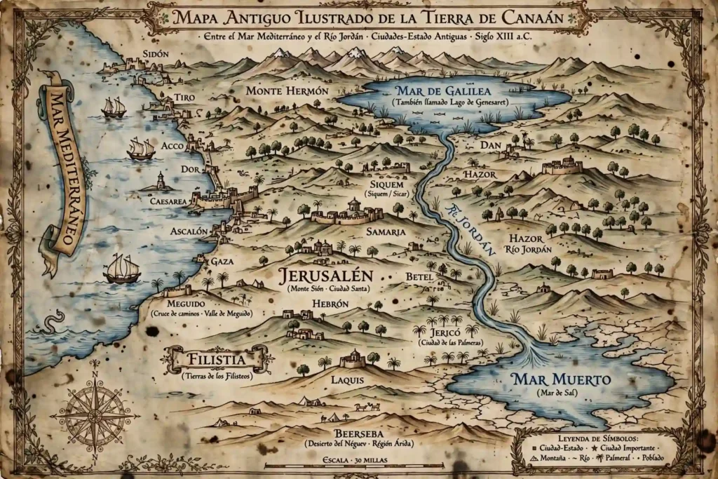 Mapa antiguo ilustrado de la tierra de Canaán entre el mar Mediterráneo y el río Jordán con sus ciudades-estado como Sidón, Tiro, Jerusalén y Jericó