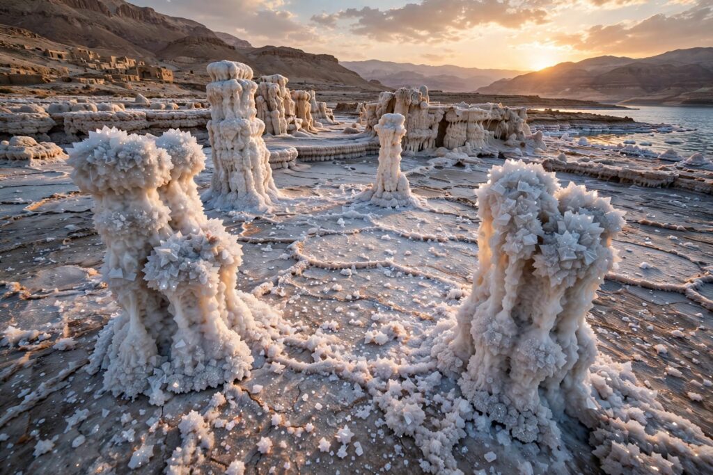 Formaciones naturales de sal cristalina en la región del mar Muerto, cerca de donde tradicionalmente se ubica Sodoma, con luz del atardecer