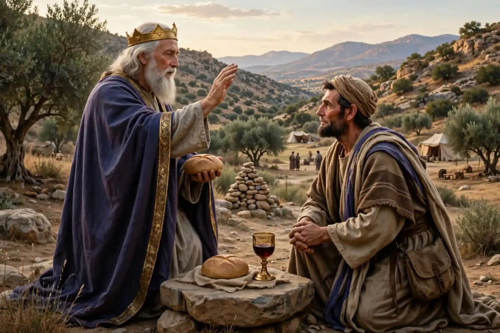 Melquisedec saliendo al encuentro de Abraham con pan y vino y bendiciéndolo en nombre del Dios Altísimo poseedor de cielos y tierra