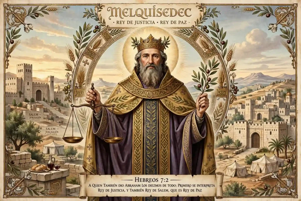 Representación simbólica de Melquisedec como Rey de justicia y Rey de paz con balanza y rama de olivo, según Hebreos 7:2