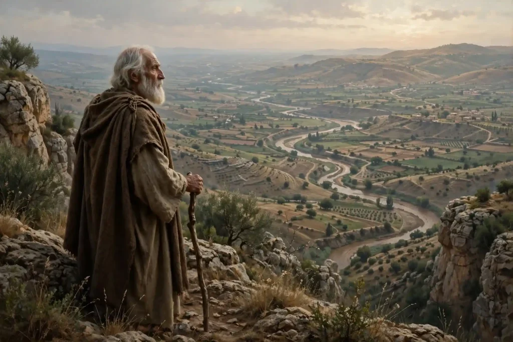 Moisés anciano en el monte Nebo contemplando a lo lejos la tierra de Canaán antes de morir sin cruzar a ella, Deuteronomio 34