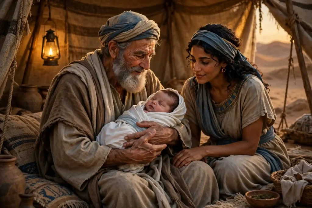 Nacimiento de Ismael, primer hijo de Abraham de 86 años con Agar la sierva egipcia de Sara, en la tienda en Canaán