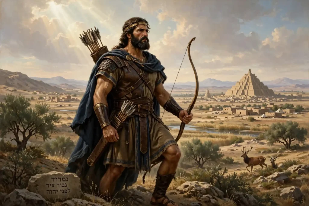 Nimrod presentado como primer poderoso en la tierra y vigoroso cazador delante de Jehová según Génesis 10:8-9, con arco y expresión de fuerza