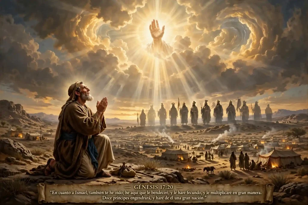 Dios promete a Abraham bendecir a Ismael con doce príncipes y convertirlo en gran nación, distinto del pacto mediante Isaac