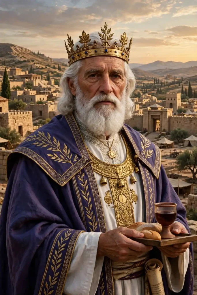 Melquisedec, rey de Salem y sacerdote del Dios Altísimo, con vestidura real y sacerdotal, contemporáneo de Abraham según Génesis 14:18