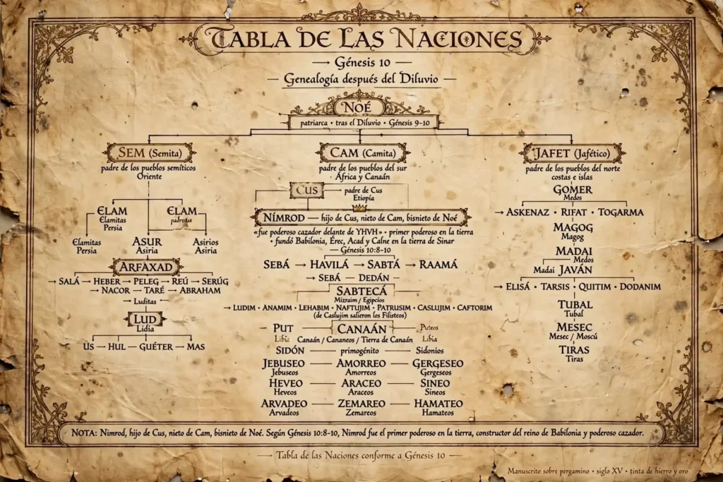Pergamino de la tabla de las naciones de Génesis 10 mostrando a Nimrod hijo de Cus nieto de Cam bisnieto de Noé después del diluvio