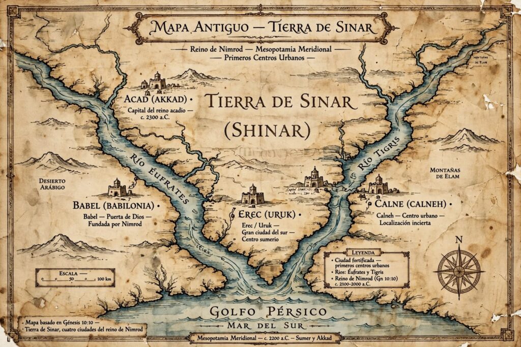 Mapa antiguo de la tierra de Sinar en Mesopotamia meridional con las ciudades del comienzo del reino de Nimrod: Babel, Erec, Acad y Calne