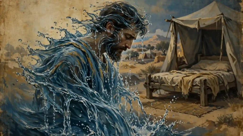 Ilustración simbólica de Rubén como agua inestable derramándose, con una cama vacía al fondo que representa la pérdida de la preeminencia del primogénito
