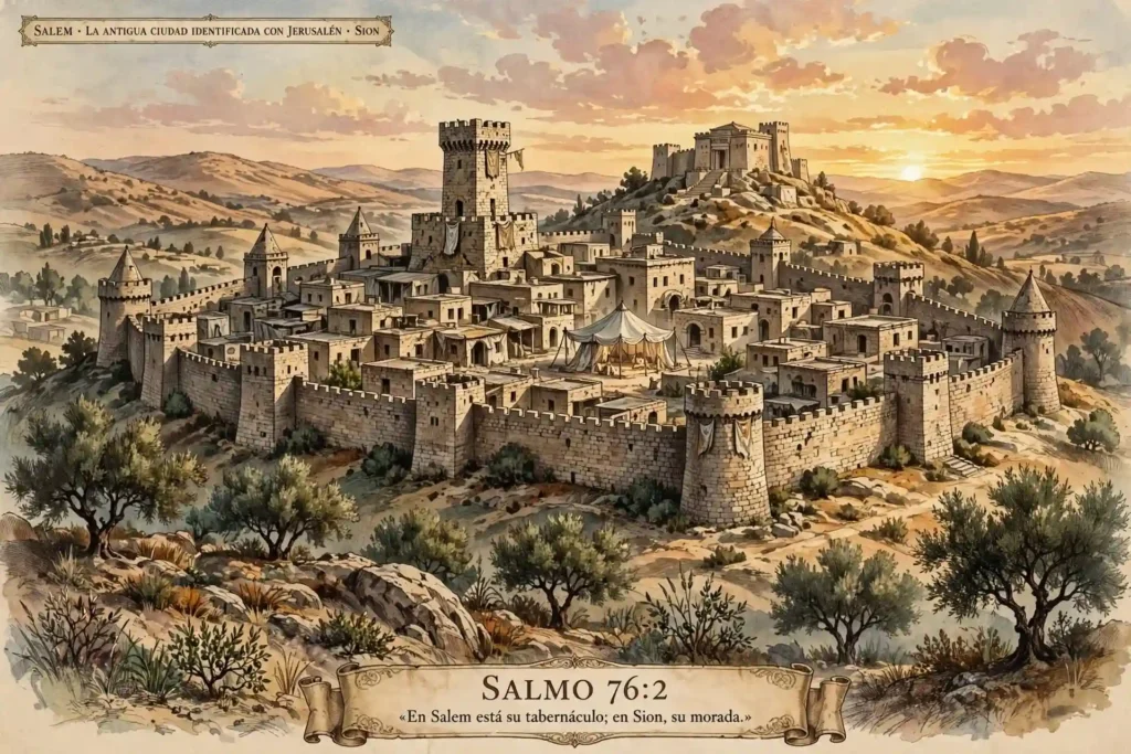 Ciudad antigua de Salem identificada tradicionalmente con Jerusalén y Sion al atardecer, con murallas y torres, según Salmo 76:2