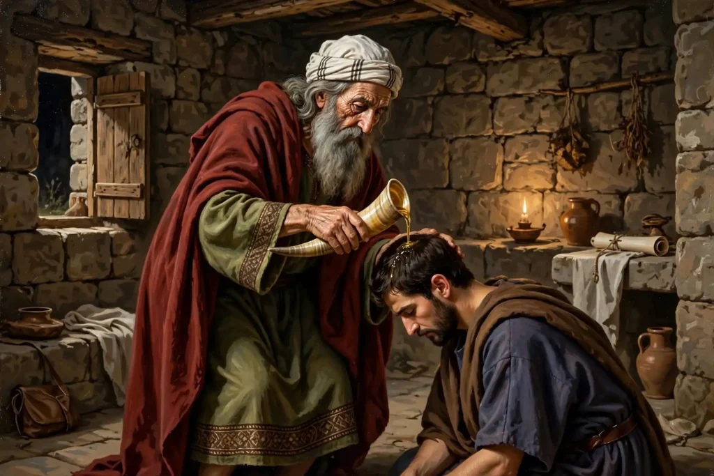 Profeta Samuel ungiendo a Saúl con aceite como primer rey de Israel
