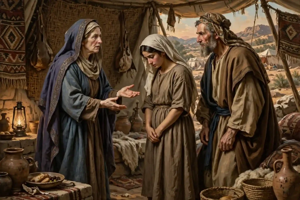 Sarai entregando a su sierva Agar a Abram para obtener descendencia, escena dentro de la tienda en Canaán según Génesis 16