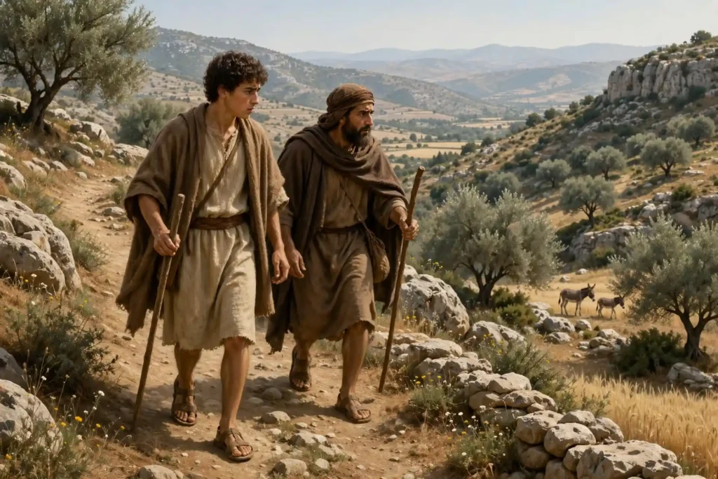 Saúl joven buscando las asnas perdidas de su padre Cis con su criado