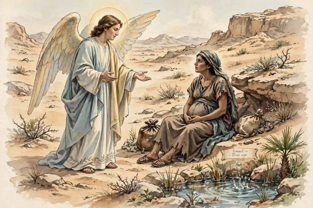 Ángel de Jehová anunciando a Agar en el desierto que su hijo debe llamarse Ismael porque Dios oyó su aflicción
