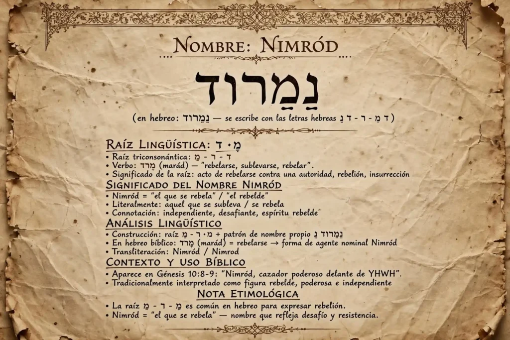 Nombre Nimrod en hebreo Nimród escrito en pergamino antiguo con análisis de la raíz m-r-d que significa rebelarse o sublevarse