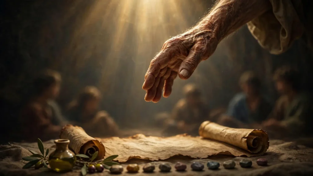 Mano anciana de Jacob en gesto de bendición bajo luz celestial dorada con rollo de Génesis y doce piedras de las tribus