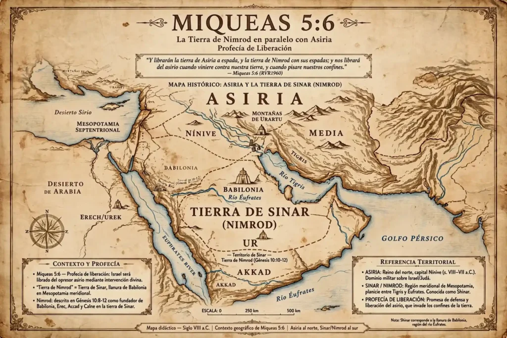 Mapa antiguo ilustrado de Miqueas 5:6 mostrando la tierra de Nimrod en paralelo con Asiria como referencia territorial para profecía de liberación