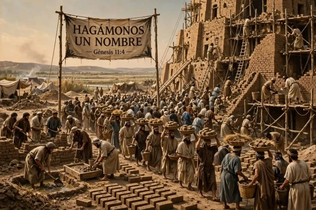 Construcción colectiva de la Torre de Babel con multitud haciendo ladrillos y diciendo hagámonos un nombre, sin Nimrod como líder según Génesis 11:3-4