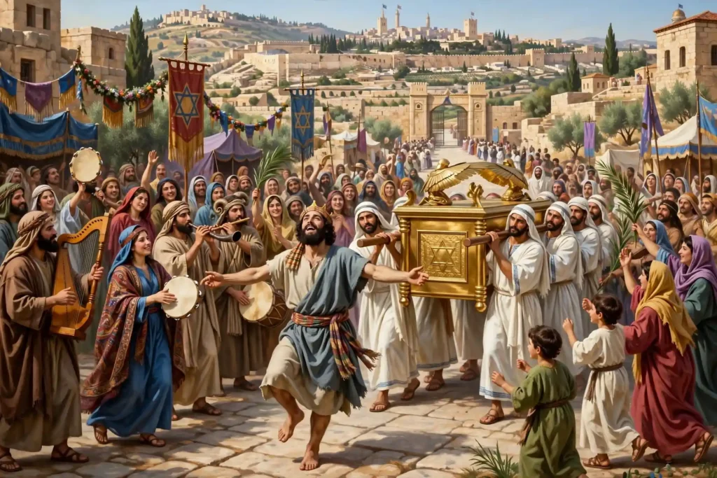 David danzando durante el traslado del arca de Dios a Jerusalén, acompañado por músicos y el pueblo