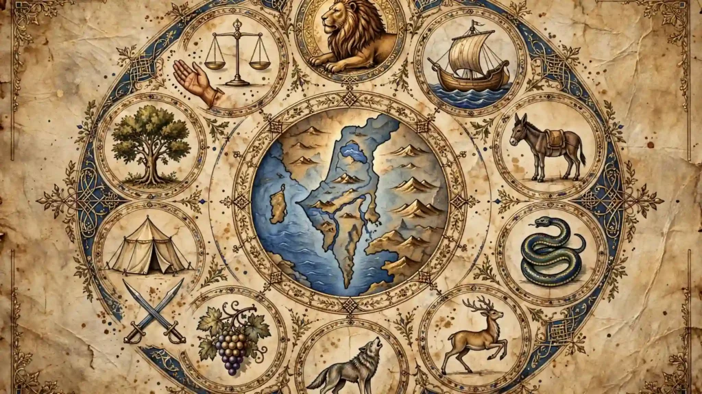 Círculo de los doce símbolos de las tribus de Israel sobre pergamino antiguo con león, barco, asno, serpiente, cierva y lobo