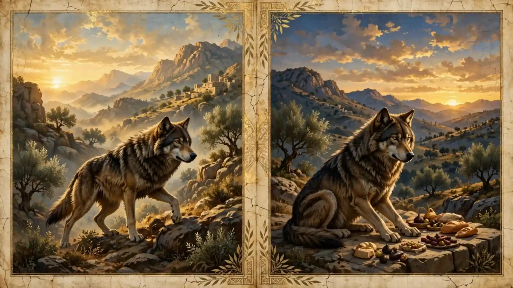 Lobo arrebatador en escena dividida entre amanecer devorando presa y atardecer repartiendo despojos, ilustración de la capacidad guerrera de la tribu de Benjamín